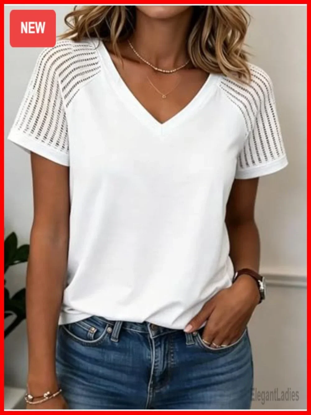 V-Neck Short Sleeve Blouse with Contrast Mesh - Business Casual Top